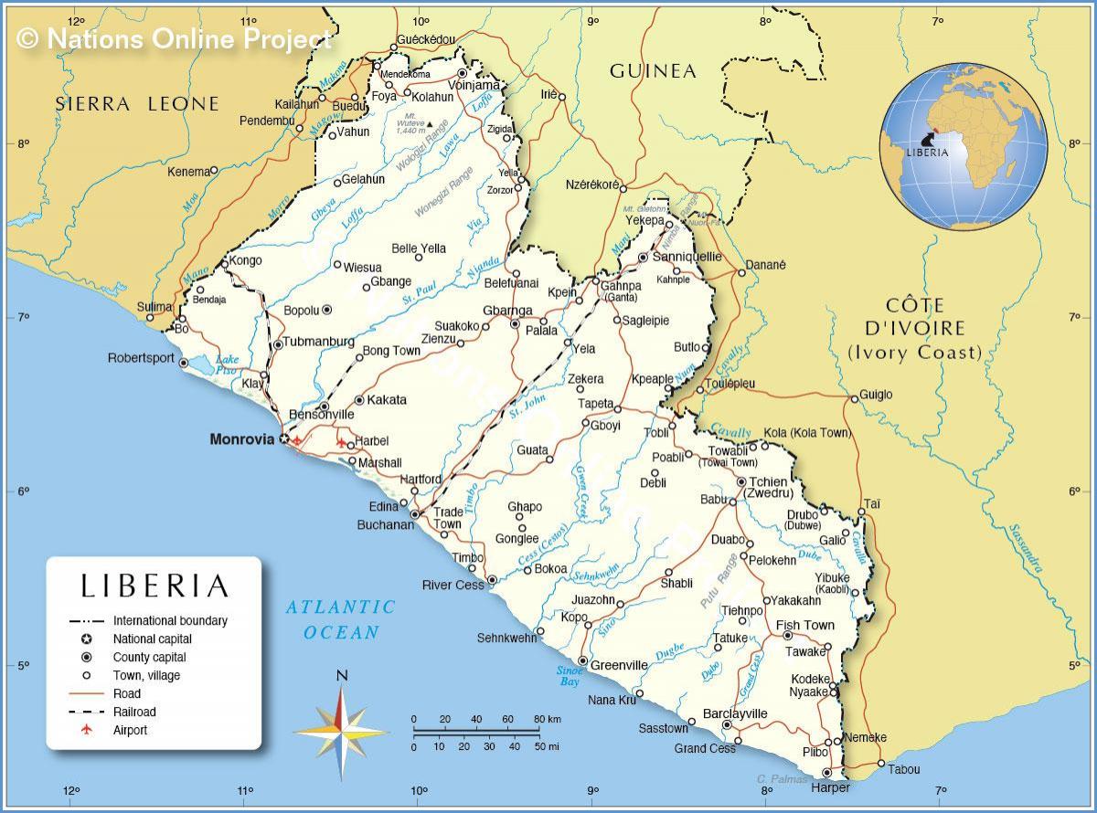 რუკა ლიბერია, დასავლეთ აფრიკა